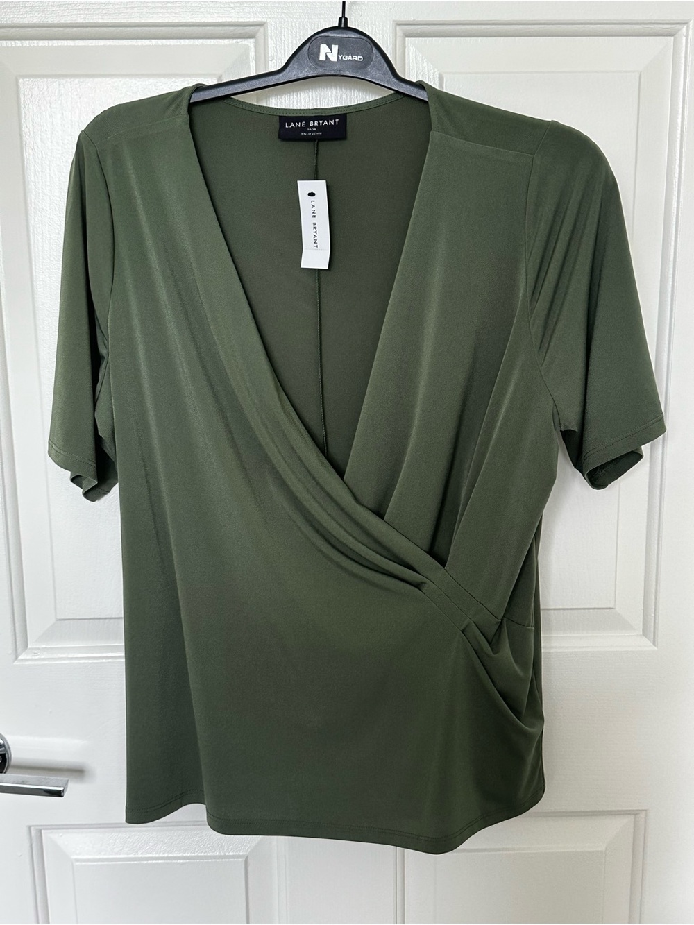 Lane Bryant Olive Green Wrap-Front Short Sleeve Top